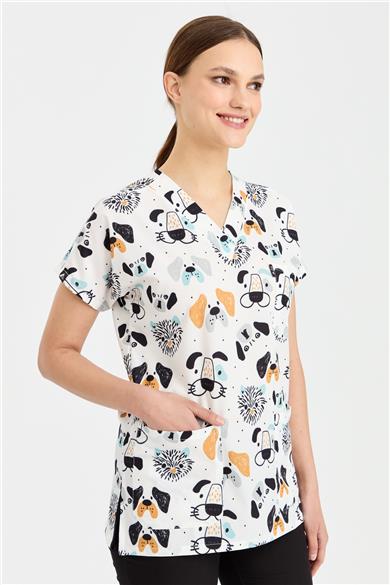 Carnival Basic -  Desenli Hemşire Doktor Veteriner Tek Üst Forma (UNISEX) / Köpek