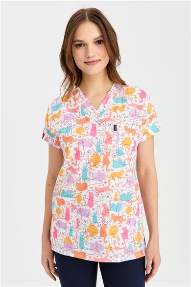 Carnival Basic -  Desenli Hemşire Doktor Veteriner Tek Üst Forma (UNISEX) / Renkli Kediler