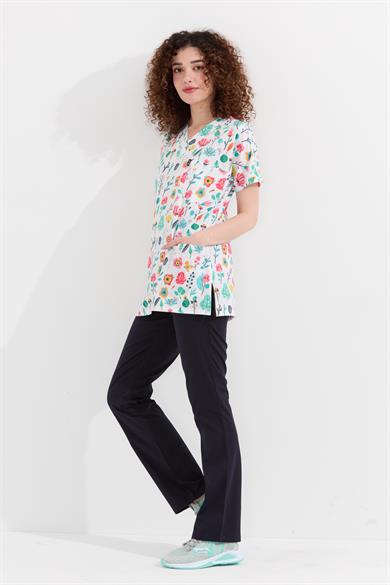 Carnival Basic - Desenli Hemşire Doktor Veteriner Tek Üst Forma (UNISEX), Sulu Boya Çiçek