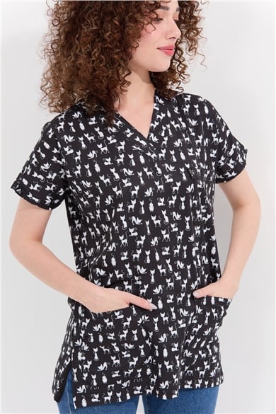 Carnival Basic -  Desenli Hemşire Doktor Veteriner Tek Üst Forma (UNISEX) / Kedi