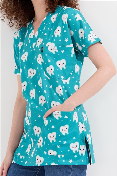 Carnival Basic -  Desenli Hemşire Doktor Veteriner Tek Üst Forma (UNISEX) / Diş