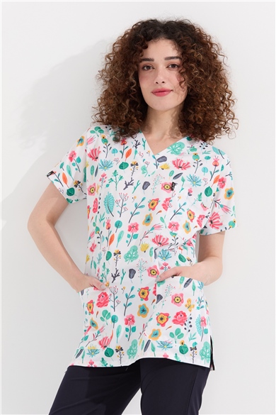 Carnival Basic -  Desenli Hemşire Doktor Veteriner Tek Üst Forma (UNISEX) / Sulu Boya Çiçek