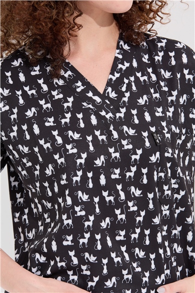 Carnival Basic -  Desenli Hemşire Doktor Veteriner Tek Üst Forma (UNISEX) / Kedi