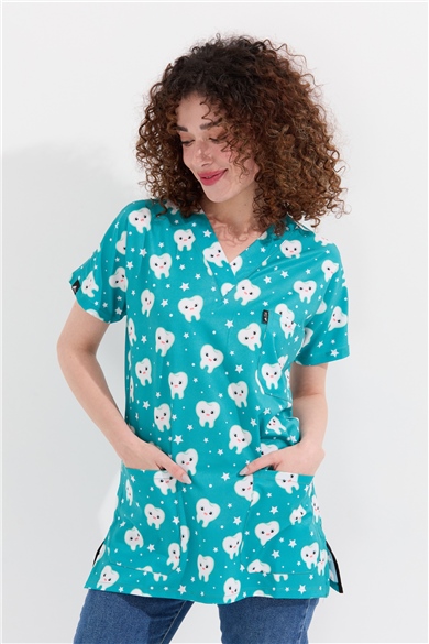 Carnival Basic -  Desenli Hemşire Doktor Veteriner Tek Üst Forma (UNISEX) / Diş