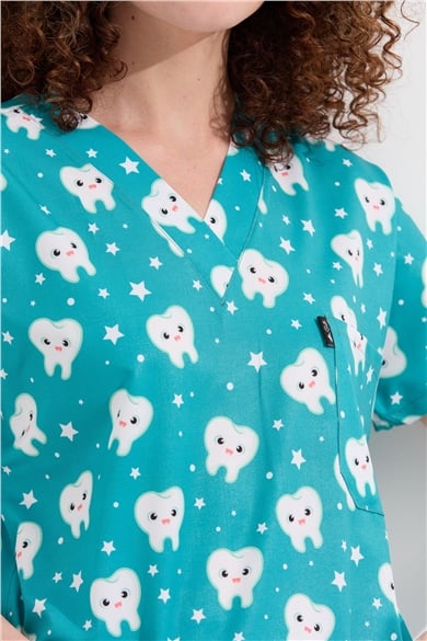 Carnival Basic -  Desenli Hemşire Doktor Veteriner Tek Üst Forma (UNISEX) / Diş