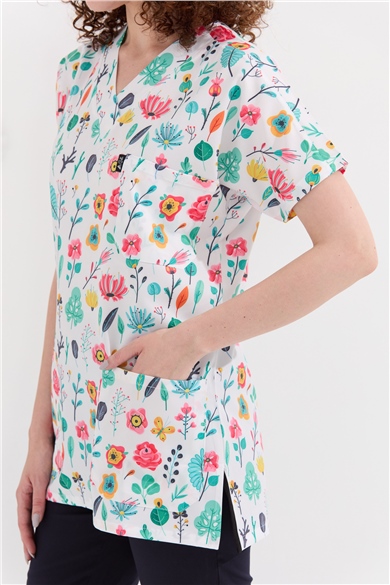 Carnival Basic -  Desenli Hemşire Doktor Veteriner Tek Üst Forma (UNISEX) / Sulu Boya Çiçek