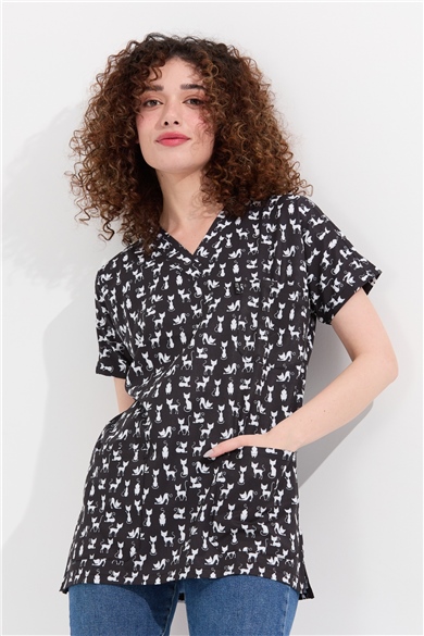 Carnival Basic -  Desenli Hemşire Doktor Veteriner Tek Üst Forma (UNISEX) / Kedi
