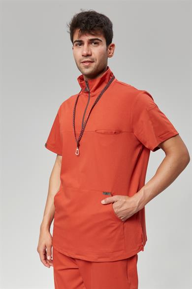 Extreme Cool Man - Premium Çift Yön Likralı Doktor Hemşire Forma Takımı Scrubs Üniforma Cerrahi Takım (ERKEK), Mandalin