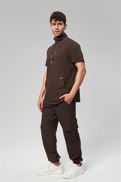 Extreme Cool Man - Premium Çift Yön Likralı Doktor Hemşire Forma Takımı Scrubs Üniforma Cerrahi Takım (ERKEK), Acı Kahve