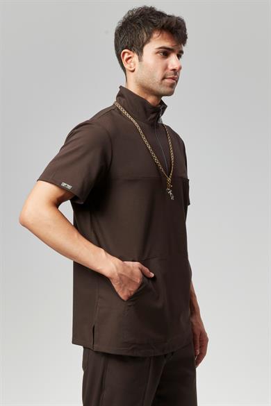 Extreme Cool Man - Premium Çift Yön Likralı Doktor Hemşire Forma Takımı Scrubs Üniforma Cerrahi Takım (ERKEK), Acı Kahve