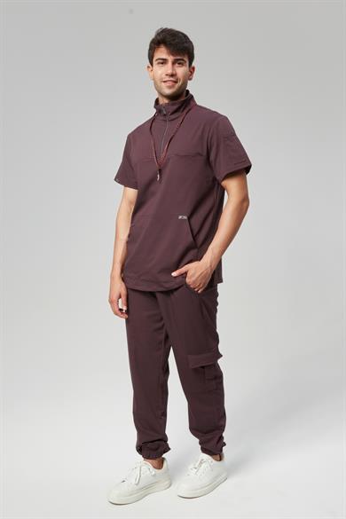 Extreme Cool Man - Premium Çift Yön Likralı Doktor Hemşire Forma Takımı Scrubs Üniforma Cerrahi Takım (ERKEK), Mürdüm