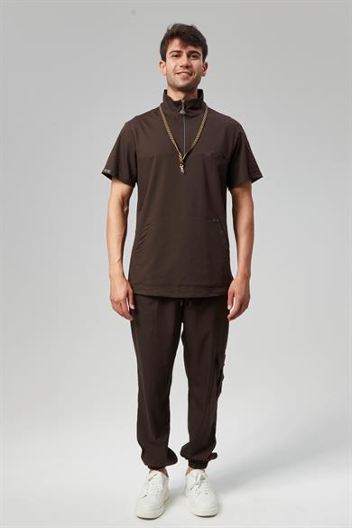 Extreme Cool Man - Premium Çift Yön Likralı Doktor Hemşire Forma Takımı Scrubs Üniforma Cerrahi Takım (ERKEK), Acı Kahve