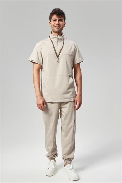 Extreme Cool Man - Premium Çift Yön Likralı Doktor Hemşire Forma Takımı Scrubs Üniforma Cerrahi Takım (ERKEK), Kumsal