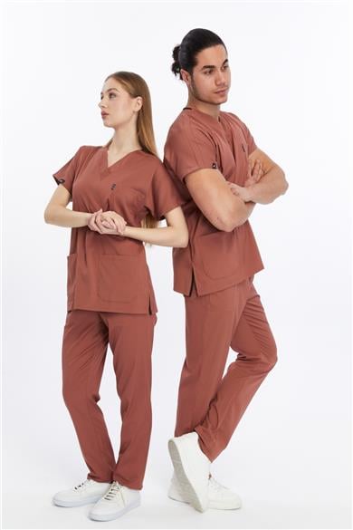 Happiness Basic - Likralı Doktor Hemşire Forma Takımı Scrubs Üniforma Cerrahi Takım (UNISEX), Bisküvi