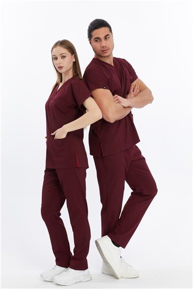 Happiness Basic - Likralı Doktor Hemşire Forma Takımı (UNISEX), Bordo