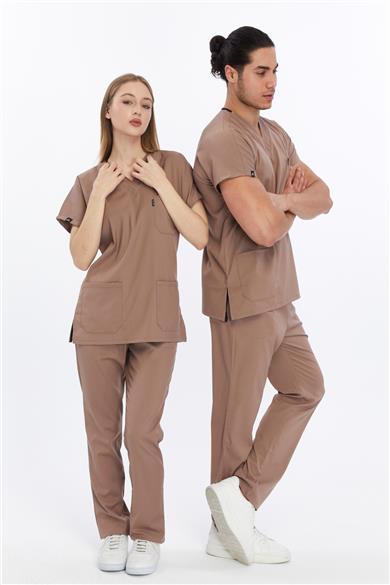 Happiness Basic - Likralı Doktor Hemşire Forma Takımı Scrubs Üniforma Cerrahi Takım (UNISEX), Taş Beji