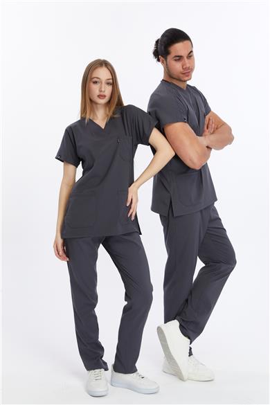 Happiness Basic - Likralı Doktor Hemşire Forma Takımı Scrubs Üniforma Cerrahi Takım (UNISEX), Antrasit
