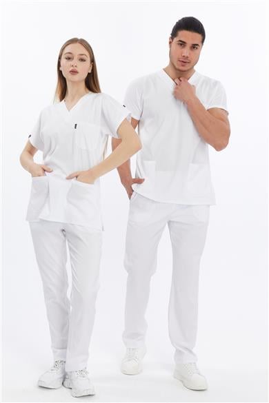 Happiness Basic - Likralı Doktor Hemşire Forma Takımı Scrubs Üniforma Cerrahi Takım (UNISEX), Beyaz
