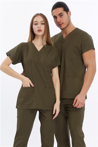 Happiness Basic - Likralı Doktor Hemşire Tek Üst Forma (UNISEX), Haki