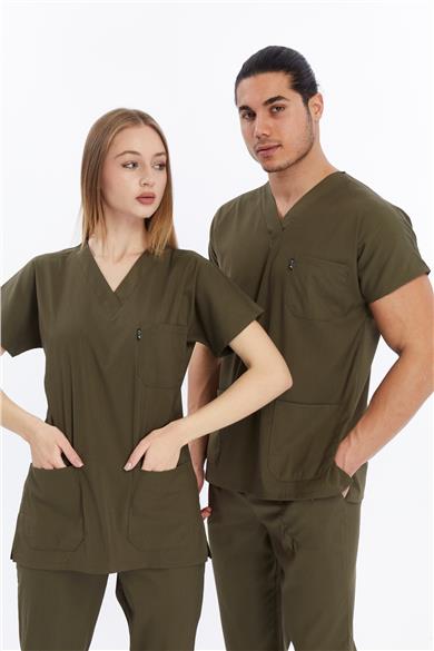 Happiness Basic - Likralı Doktor Hemşire Forma Takımı Scrubs Üniforma Cerrahi Takım (UNISEX), Haki