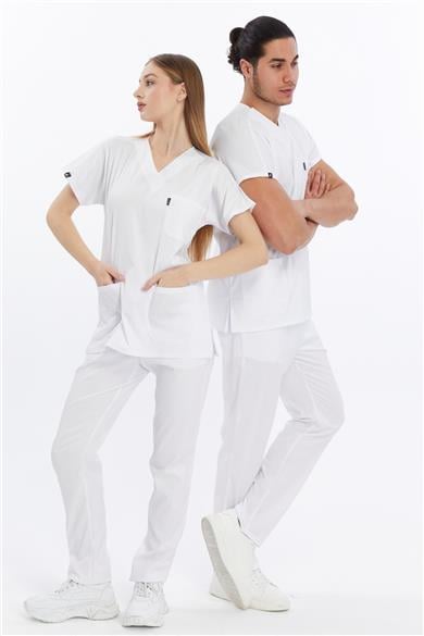 Happiness Basic - Likralı Doktor Hemşire Forma Takımı Scrubs Üniforma Cerrahi Takım (UNISEX), Beyaz