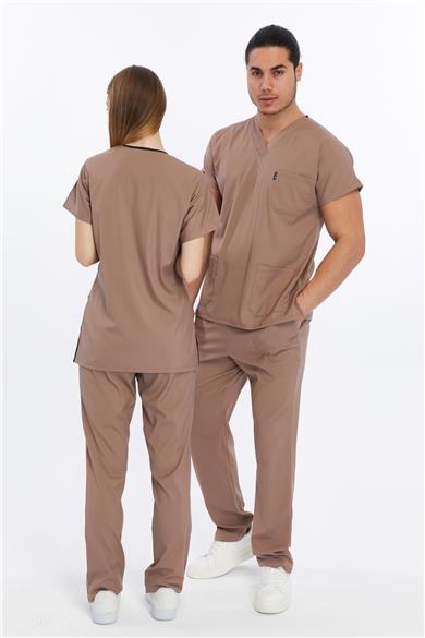 Happiness Basic - Likralı Doktor Hemşire Forma Takımı Scrubs Üniforma Cerrahi Takım (UNISEX), Taş Beji