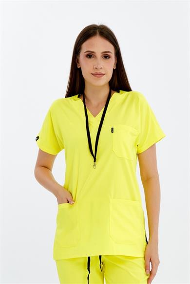 Happiness Basic - Likralı Doktor Hemşire Tek Üst Forma (UNISEX), Limon Sarısı