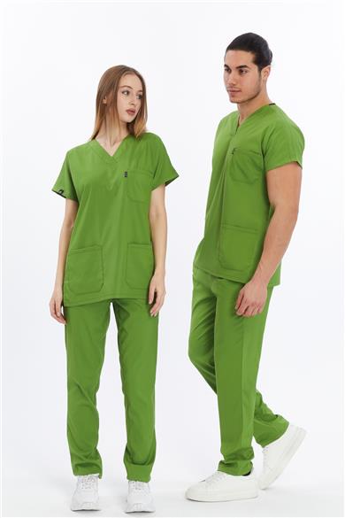 Happiness Basic - Likralı Doktor Hemşire Forma Takımı Scrubs Üniforma Cerrahi Takım (UNISEX), Fıstık Yeşili