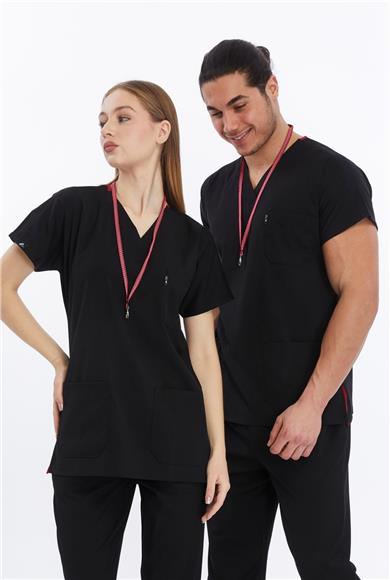 Happiness Basic - Likralı Doktor Hemşire Tek Üst Forma (UNISEX), Siyah