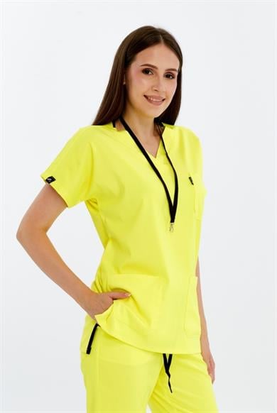 Happiness Basic - Likralı Doktor Hemşire Tek Üst Forma (UNISEX), Limon Sarısı