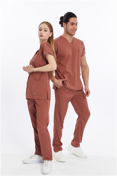 Happiness Basic - Likralı Doktor Hemşire Forma Takımı Scrubs Üniforma Cerrahi Takım (UNISEX), Bisküvi