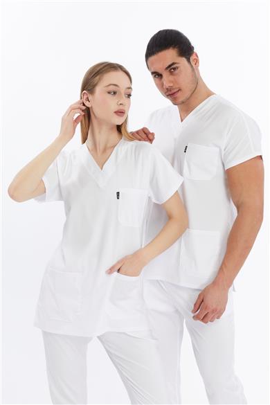 Happiness Basic - Likralı Doktor Hemşire Tek Üst Forma (UNISEX), Beyaz