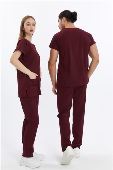 Happiness Basic - Likralı Doktor Hemşire Forma Takımı (UNISEX), Bordo
