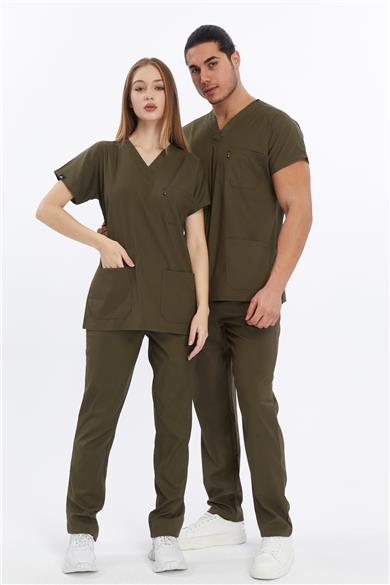 Happiness Basic - Likralı Doktor Hemşire Forma Takımı (UNISEX), Haki