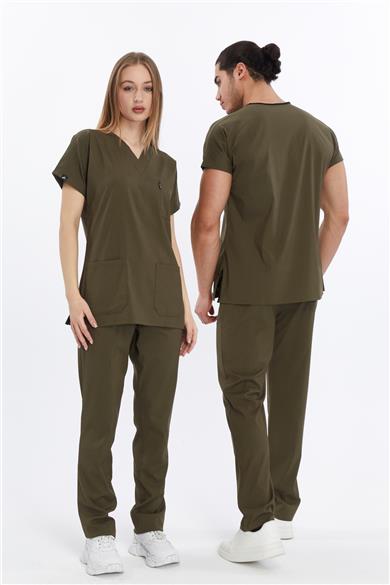 Happiness Basic - Likralı Doktor Hemşire Forma Takımı (UNISEX), Haki