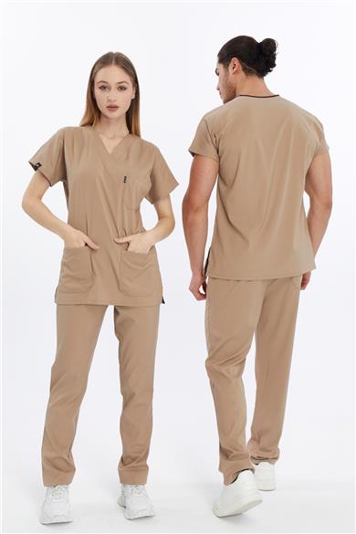 Happiness Basic - Likralı Doktor Hemşire Forma Takımı Scrubs Üniforma Cerrahi Takım (UNISEX), Bej