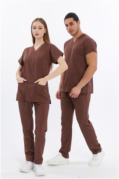 Happiness Basic - Likralı Doktor Hemşire Forma Takımı Scrubs Üniforma Cerrahi Takım (UNISEX), Çikolata Kahve