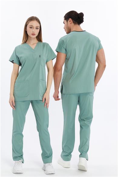 Happiness Basic - Likralı Doktor Hemşire Forma Takımı Scrubs Üniforma Cerrahi Takım (UNISEX), Çağla Yeşili