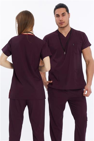 Happiness Basic - Likralı Doktor Hemşire Tek Üst Forma (UNISEX), Mürdüm