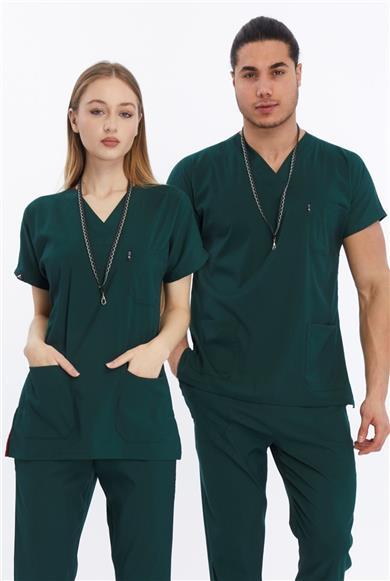 Happiness Basic - Likralı Doktor Hemşire Tek Üst Forma (UNISEX), Koyu Yeşil