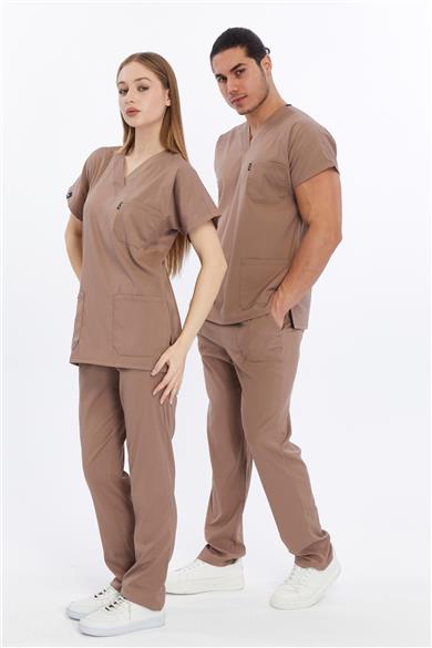 Happiness Basic - Likralı Doktor Hemşire Forma Takımı Scrubs Üniforma Cerrahi Takım (UNISEX), Taş Beji
