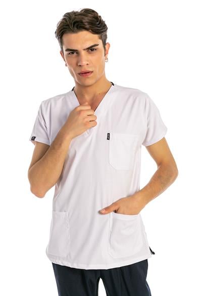 Happiness Basic - Likralı Doktor Hemşire Forma Takımı (UNISEX), Beyaz/Lacivert