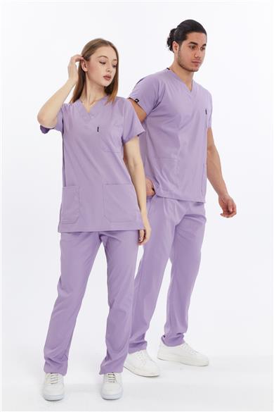 Happiness Basic - Likralı Doktor Hemşire Forma Takımı Scrubs Üniforma Cerrahi Takım (UNISEX), Lila