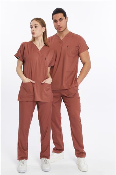 Happiness Basic - Likralı Doktor Hemşire Forma Takımı Scrubs Üniforma Cerrahi Takım (UNISEX), Bisküvi