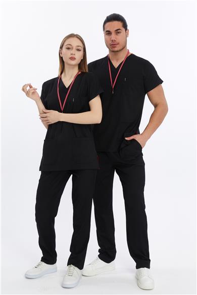 Happiness Basic - Likralı Doktor Hemşire Forma Takımı (UNISEX), Siyah