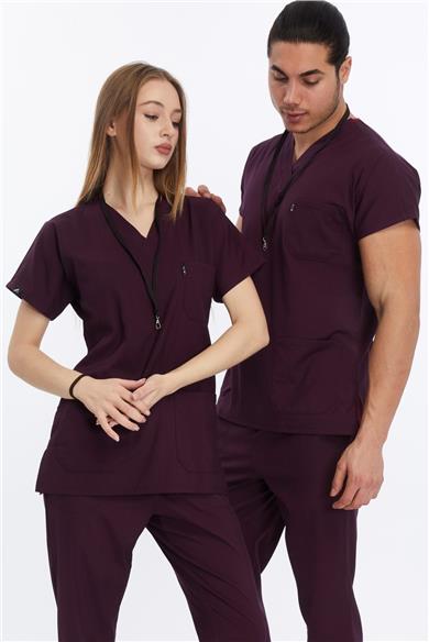 Happiness Basic - Likralı Doktor Hemşire Tek Üst Forma (UNISEX), Mürdüm