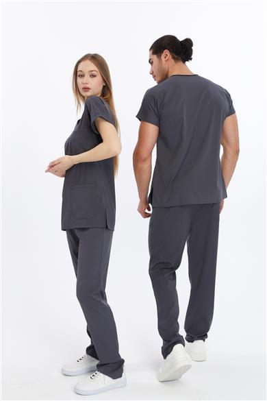 Happiness Basic - Likralı Doktor Hemşire Forma Takımı Scrubs Üniforma Cerrahi Takım (UNISEX), Antrasit