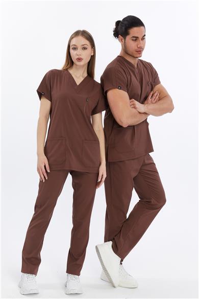 Happiness Basic - Likralı Doktor Hemşire Forma Takımı (UNISEX), Çikolata Kahve