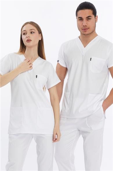Happiness Basic - Likralı Doktor Hemşire Tek Üst Forma (UNISEX), Beyaz