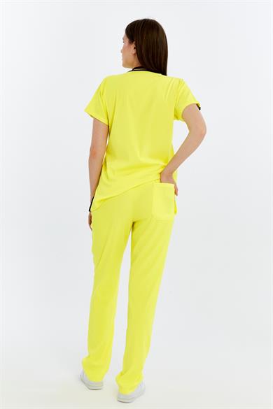 Happiness Basic - Likralı Doktor Hemşire Forma Takımı Scrubs Üniforma Cerrahi Takım (UNISEX), Limon Sarısı